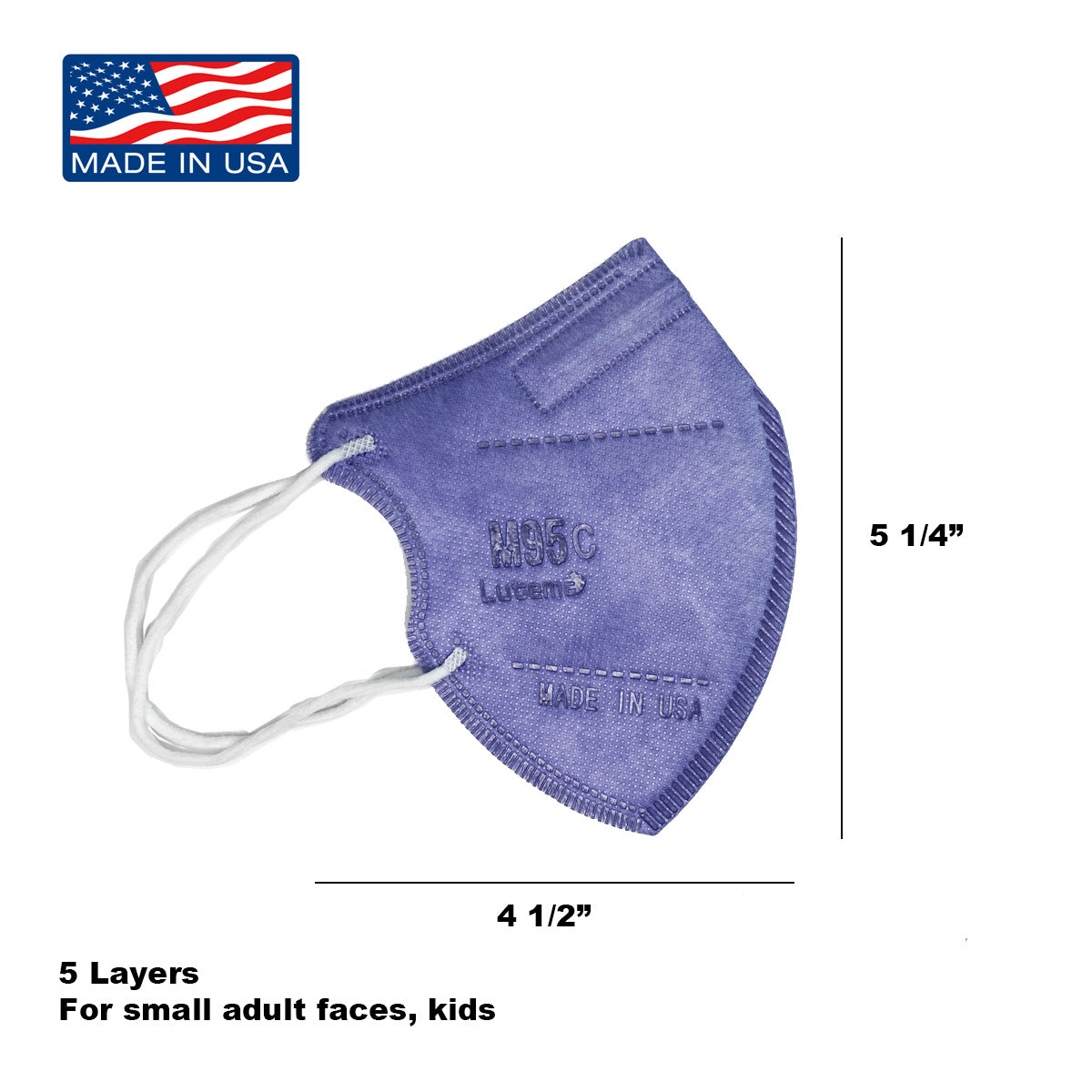 M95c: child size American-made KN95, Premium 5-Layer ASTM Level-3 Mask (5 Pack)